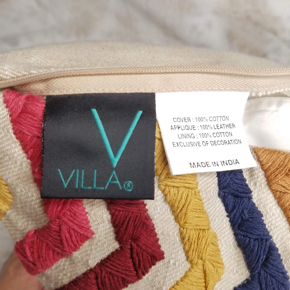 Villa Multicolor Embroidered Leather Applique Lumbar Pillow 15x27 Boho Geometric